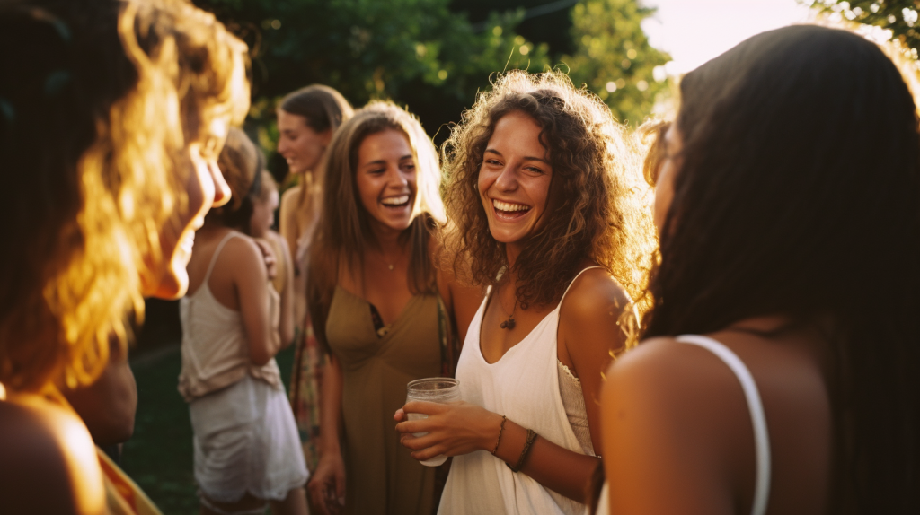 Uma mulher entre amigas. Sorrindo. Felicidade. Projeto Social com Mulheres.