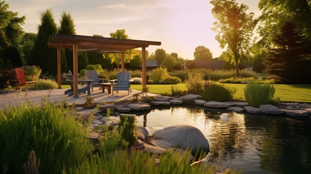 Pergolado com cadeiras em frente a um lago nartural, piscina natural ao por do sol