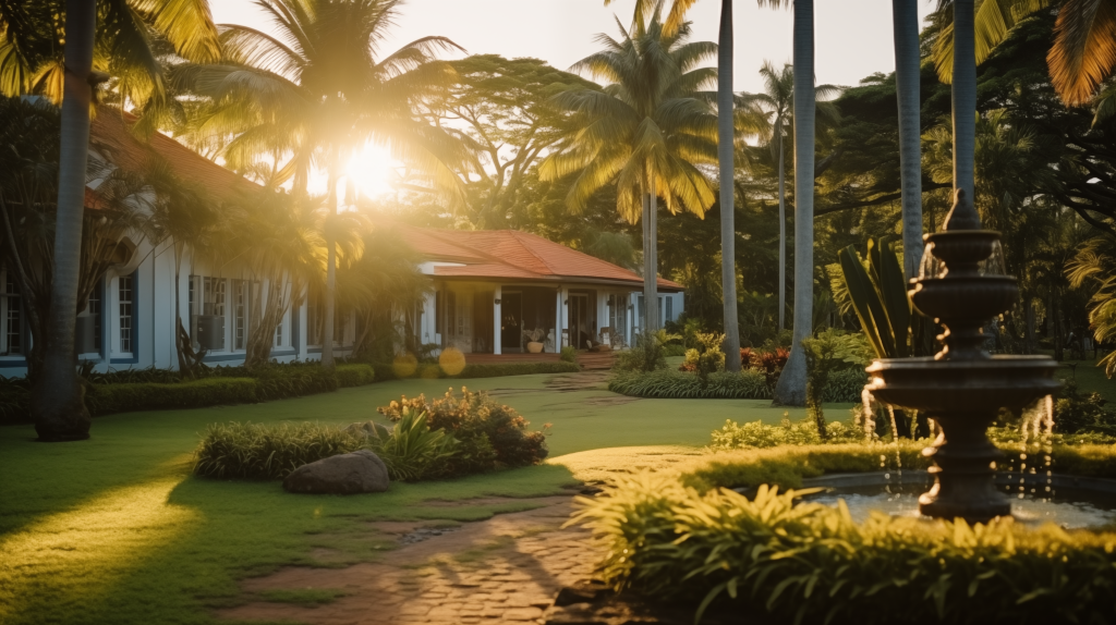 Architetura colonial, com fonte, casa nos fundos e paisagismo