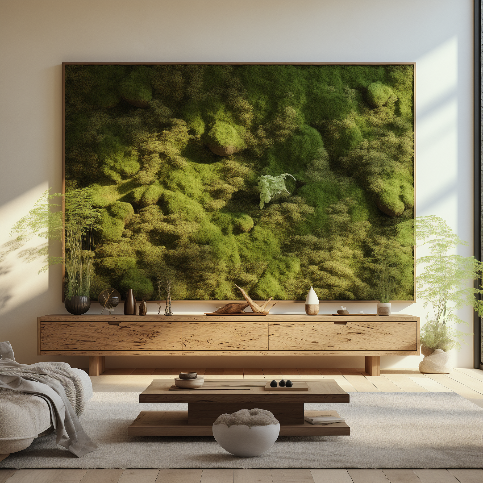 Sala de Estar de Casa Estilo Japandi jardim vertical de Musgo