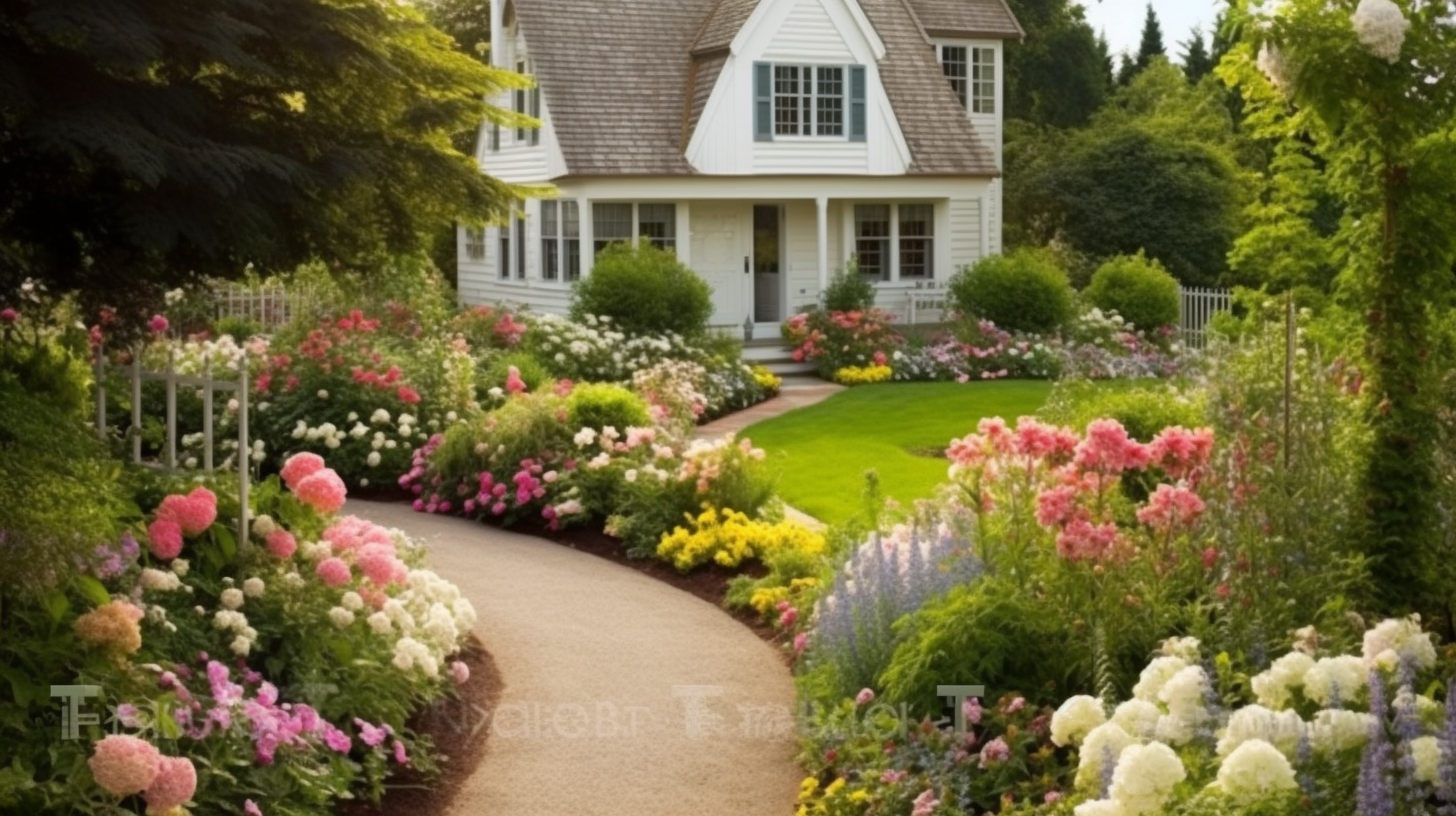 Jardim Inglês Estilo Cottage (Villa) com muitas flores coloridas em arranjo relaxation. Paisagismo
