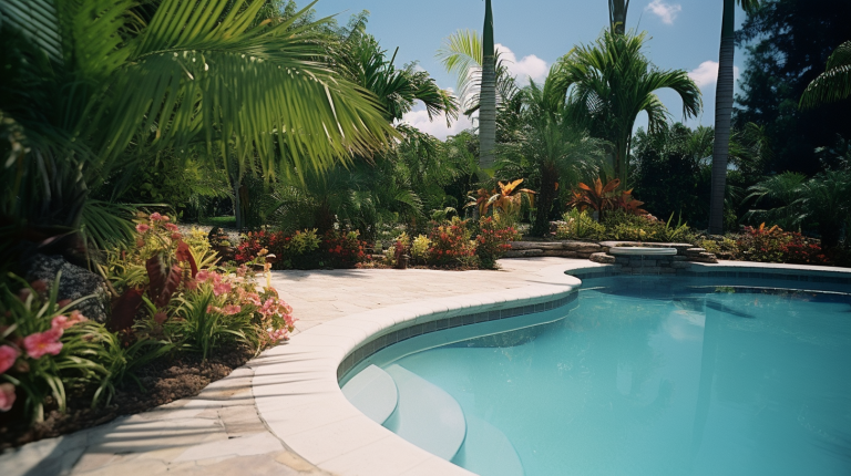 Piscina com borda curva, plantas tropicais ao redor Paisagismo